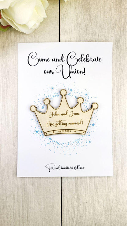 Princess Save the Date Magnet • Fairy Tale Wedding Magnet • Royal Wedding Favors • Custom Wood Crown Magnet • Fantasy-Inspired Save the Date