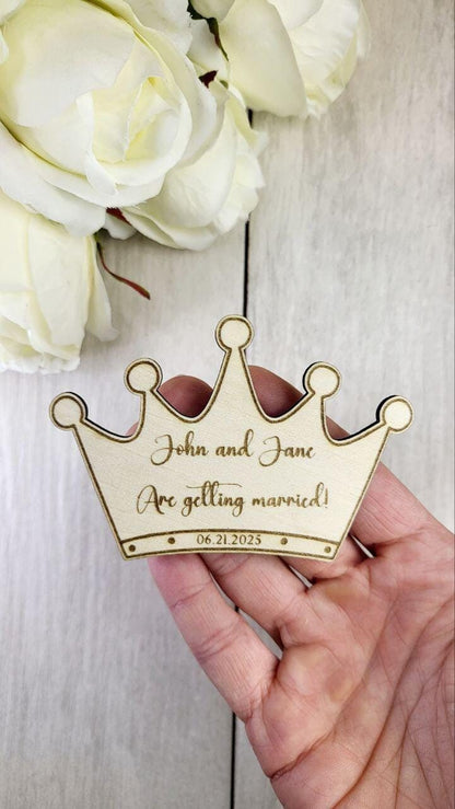 Princess Save the Date Magnet • Fairy Tale Wedding Magnet • Royal Wedding Favors • Custom Wood Crown Magnet • Fantasy-Inspired Save the Date