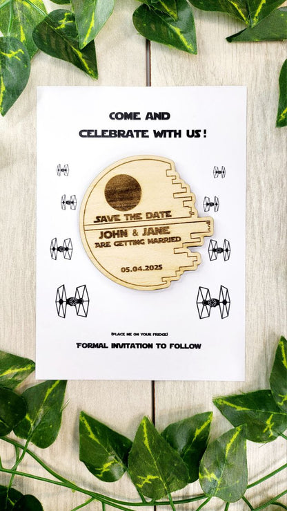 Star Wedding Save The Date Magnets Space Themed Save the Date Nerdy Wedding Invitations Personalized Wood Magnet and Card