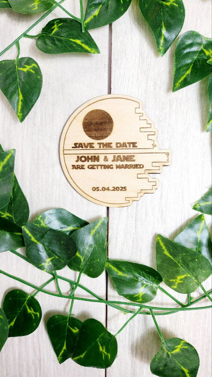 Star Wedding Save The Date Magnets Space Themed Save the Date Nerdy Wedding Invitations Personalized Wood Magnet and Card