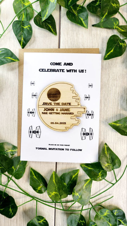 Star Wedding Save The Date Magnets Space Themed Save the Date Nerdy Wedding Invitations Personalized Wood Magnet and Card