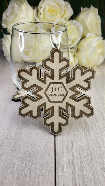 Personalized Snowflake Wedding Coaster Favor • Winter Wedding Guest Gift • Rustic Snow Decor • Custom Wood Favors for Guests