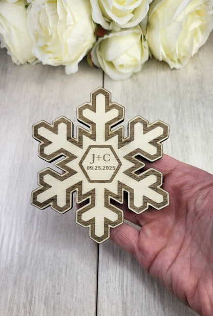 Personalized Snowflake Wedding Coaster Favor • Winter Wedding Guest Gift • Rustic Snow Decor • Custom Wood Favors for Guests