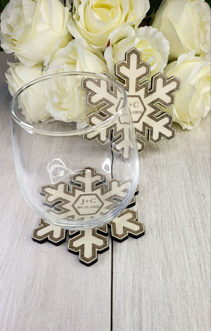 Personalized Snowflake Wedding Coaster Favor • Winter Wedding Guest Gift • Rustic Snow Decor • Custom Wood Favors for Guests