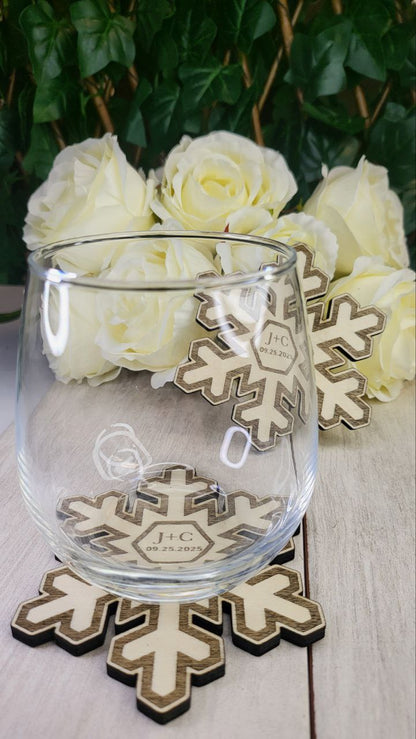 Personalized Snowflake Wedding Coaster Favor • Winter Wedding Guest Gift • Rustic Snow Decor • Custom Wood Favors for Guests