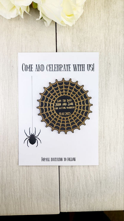 Spiderweb Save the Date Magnet • Spooky Halloween Wedding Invitation • Personalized Fall Wedding Favor with Wood Magnet + Card