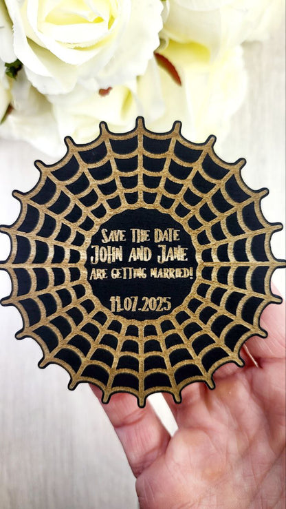 Spiderweb Save the Date Magnet • Spooky Halloween Wedding Invitation • Personalized Fall Wedding Favor with Wood Magnet + Card