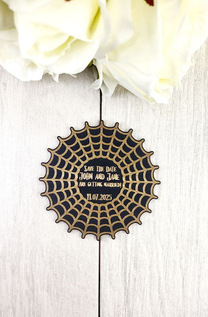 Spiderweb Save the Date Magnet • Spooky Halloween Wedding Invitation • Personalized Fall Wedding Favor with Wood Magnet + Card