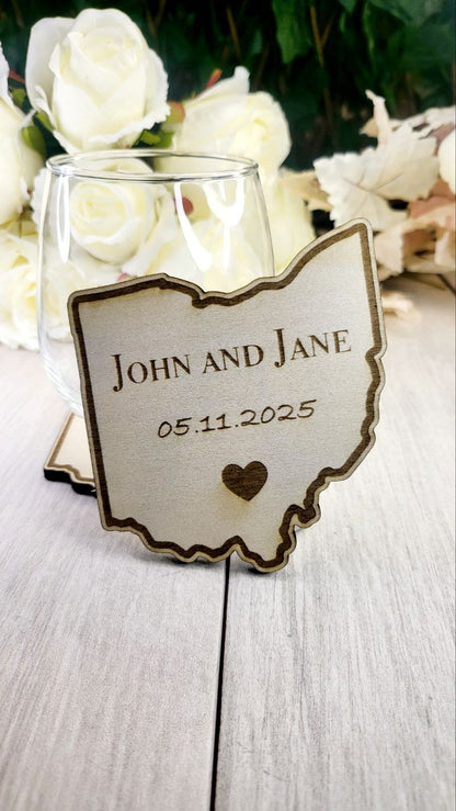 Personalized Ohio Wedding Coasters • Rustic State Wedding Favor for Guests • Custom Laser Engraved Wood Coaster Keepsake