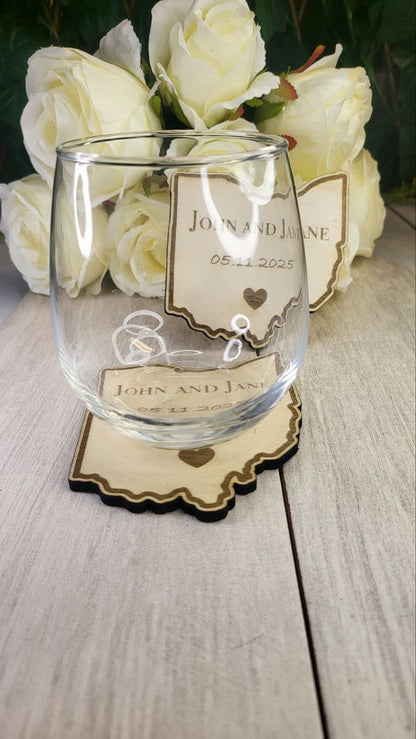 Personalized Ohio Wedding Coasters • Rustic State Wedding Favor for Guests • Custom Laser Engraved Wood Coaster Keepsake
