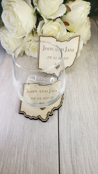 Personalized Ohio Wedding Coasters • Rustic State Wedding Favor for Guests • Custom Laser Engraved Wood Coaster Keepsake