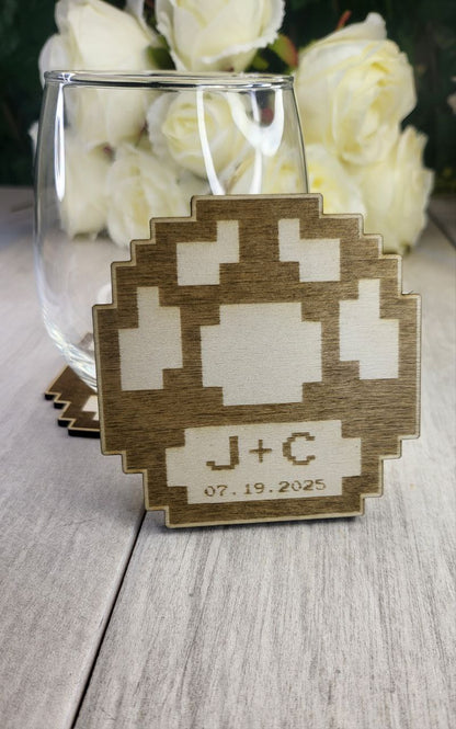 Pixel Mushroom Wedding Coaster • Retro Gamer Wedding Favor • Personalized 8-Bit Video Game Coasters for Guests