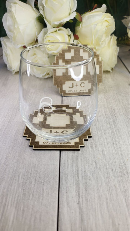 Pixel Mushroom Wedding Coaster • Retro Gamer Wedding Favor • Personalized 8-Bit Video Game Coasters for Guests