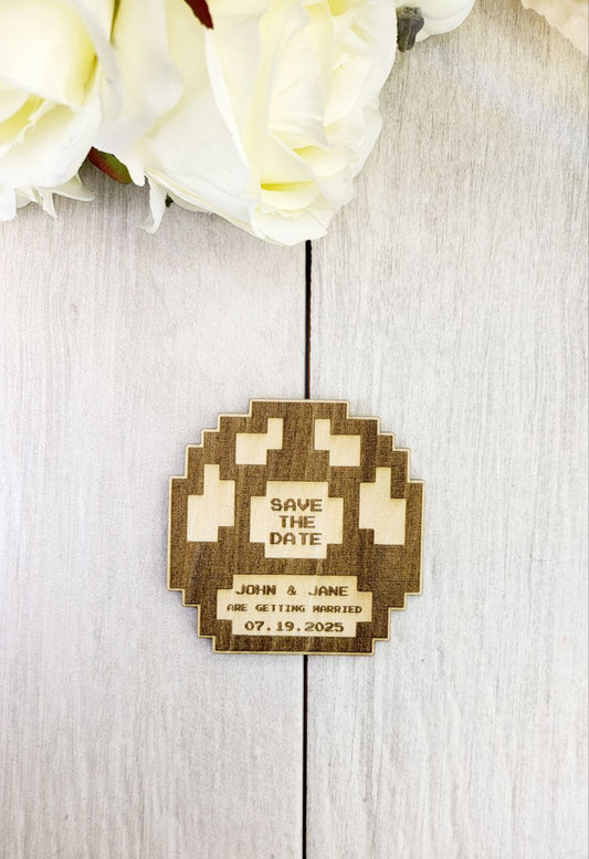 Nerdy Wedding Save The Date Magnets, 1up Pixel Mushroom Themed Save the Date Nerdy Wedding Invitations Personalized Wood Magnet and Card