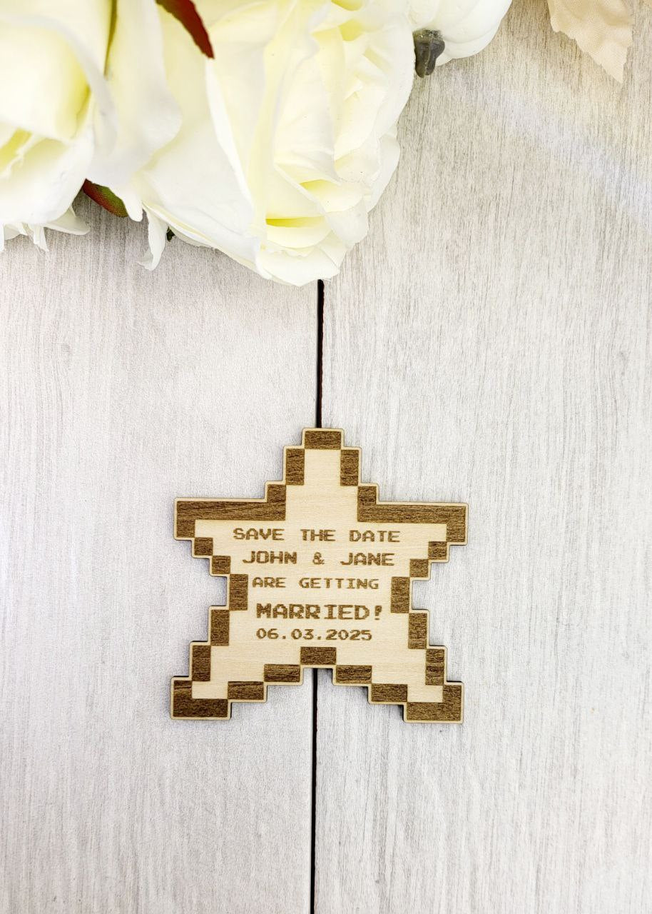 Nerdy Wedding Save The Date Magnets, Power-up Pixel Star Themed Save the Date Nerdy Wedding Invitations Personalized Wood Magnet and Card