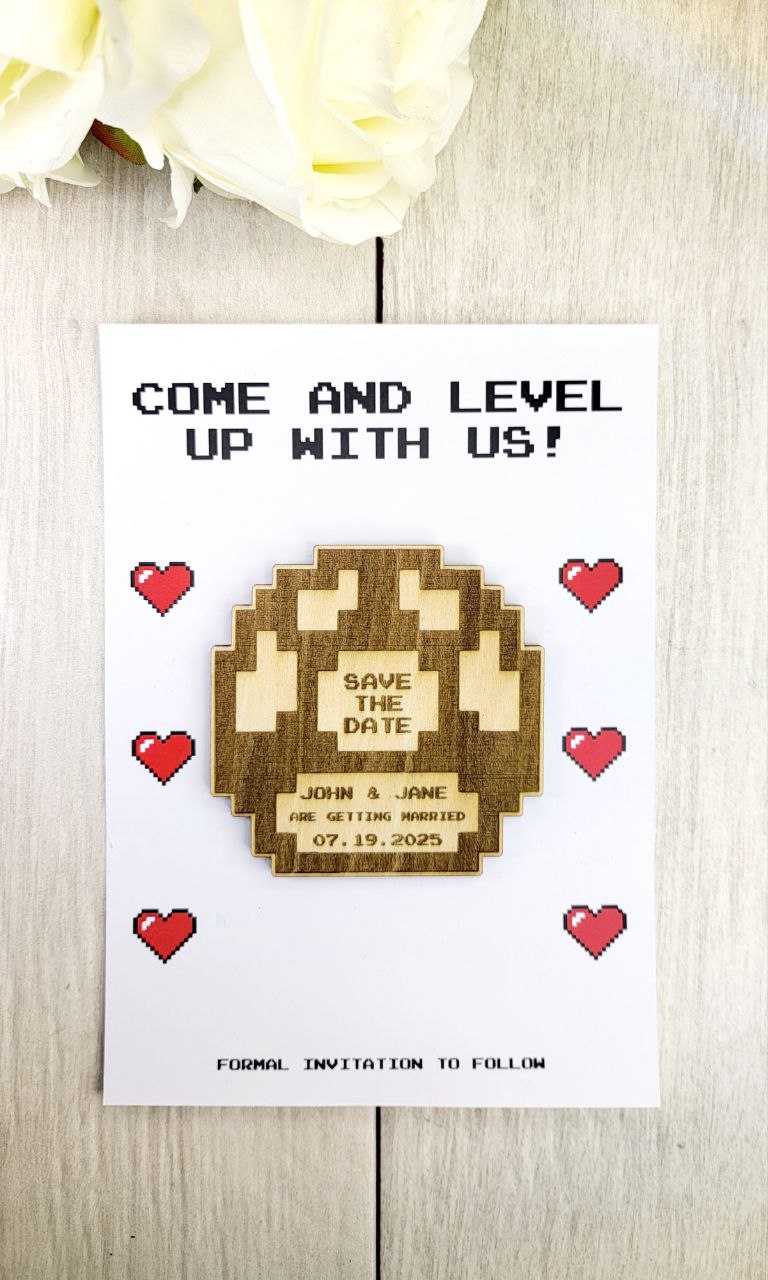 Nerdy Wedding Save The Date Magnets, 1up Pixel Mushroom Themed Save the Date Nerdy Wedding Invitations Personalized Wood Magnet and Card