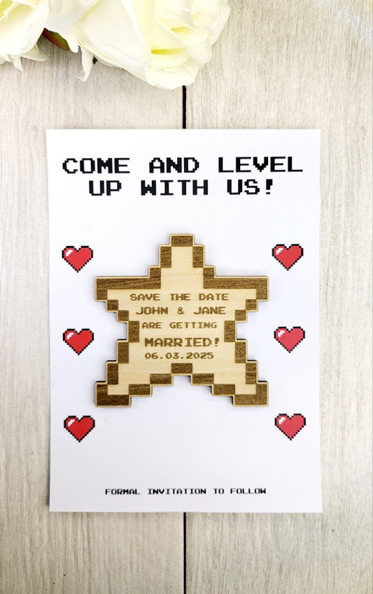 Nerdy Wedding Save The Date Magnets, Power-up Pixel Star Themed Save the Date Nerdy Wedding Invitations Personalized Wood Magnet and Card