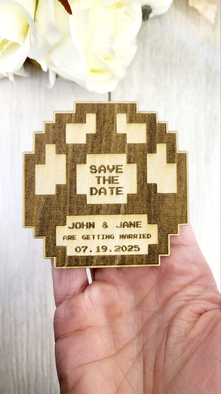 Nerdy Wedding Save The Date Magnets, 1up Pixel Mushroom Themed Save the Date Nerdy Wedding Invitations Personalized Wood Magnet and Card