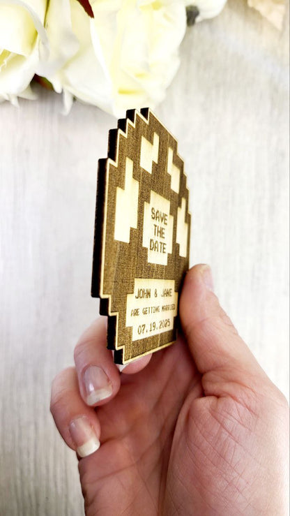1UP Save the Date Magnet - Pixel Mushroom Wood Wedding