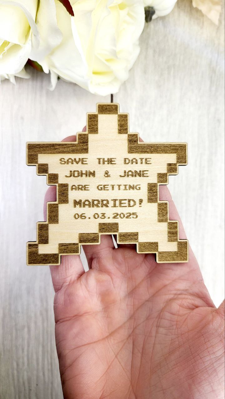 Nerdy Wedding Save The Date Magnets, Power-up Pixel Star Themed Save the Date Nerdy Wedding Invitations Personalized Wood Magnet and Card