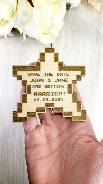 Power-Up Star Save the Date - Pixel Wood Magnet Wedding