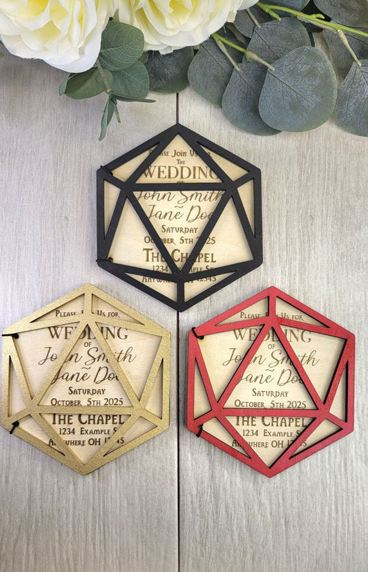 D20 Shaped Wedding Invitation Magnets | Nerdy Personalized Wedding invite | Laser Engraved wooden magnet | TableTop Geek Invite