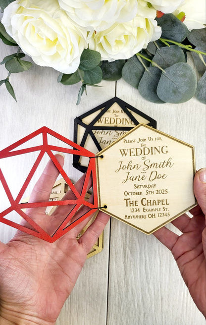 D20 Wedding Invitation • Foldable Dice Cover Card • Nerdy RPG Wedding Invite • Custom Laser Engraved Wood • Geeky Gamer Ceremony Card