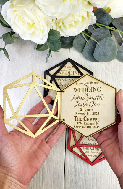 D20 Wedding Invitation • Foldable Dice Cover Card • Nerdy RPG Wedding Invite • Custom Laser Engraved Wood • Geeky Gamer Ceremony Card