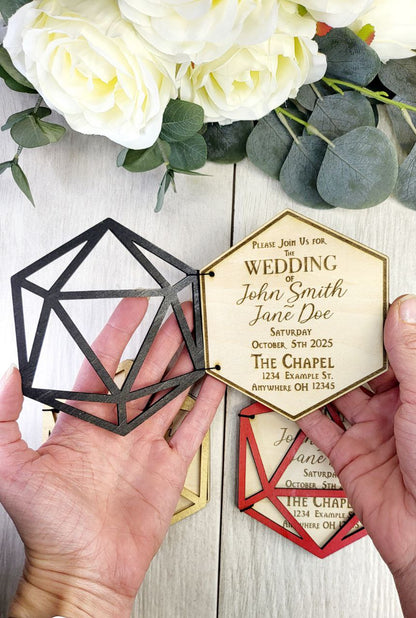 D20 Wedding Invitation • Foldable Dice Cover Card • Nerdy RPG Wedding Invite • Custom Laser Engraved Wood • Geeky Gamer Ceremony Card