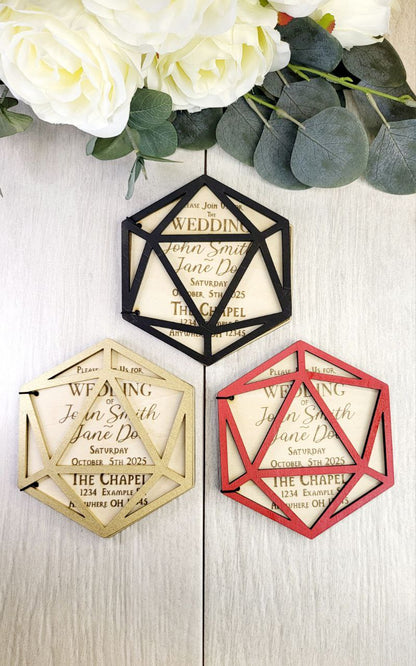 D20 Wedding Invitation • Foldable Dice Cover Card • Nerdy RPG Wedding Invite • Custom Laser Engraved Wood • Geeky Gamer Ceremony Card