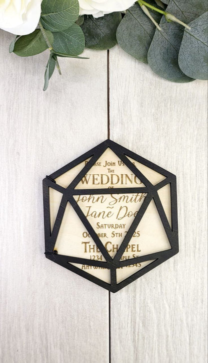 D20 Wedding Invitation • Foldable Dice Cover Card • Nerdy RPG Wedding Invite • Custom Laser Engraved Wood • Geeky Gamer Ceremony Card