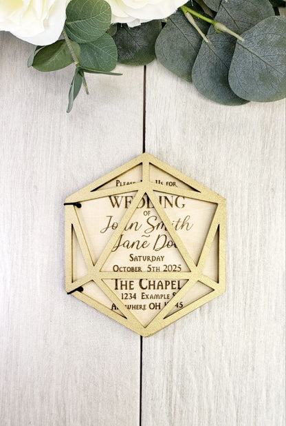 D20 Wedding Invitation • Foldable Dice Cover Card • Nerdy RPG Wedding Invite • Custom Laser Engraved Wood • Geeky Gamer Ceremony Card