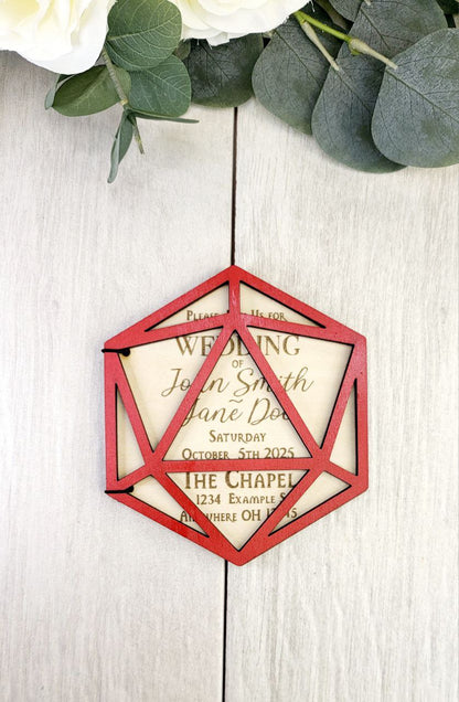 D20 Wedding Invitation • Foldable Dice Cover Card • Nerdy RPG Wedding Invite • Custom Laser Engraved Wood • Geeky Gamer Ceremony Card