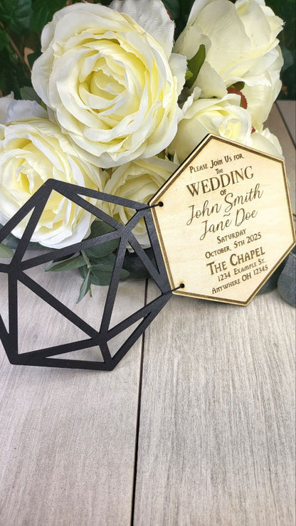D20 Wedding Invitation • Foldable Dice Cover Card • Nerdy RPG Wedding Invite • Custom Laser Engraved Wood • Geeky Gamer Ceremony Card