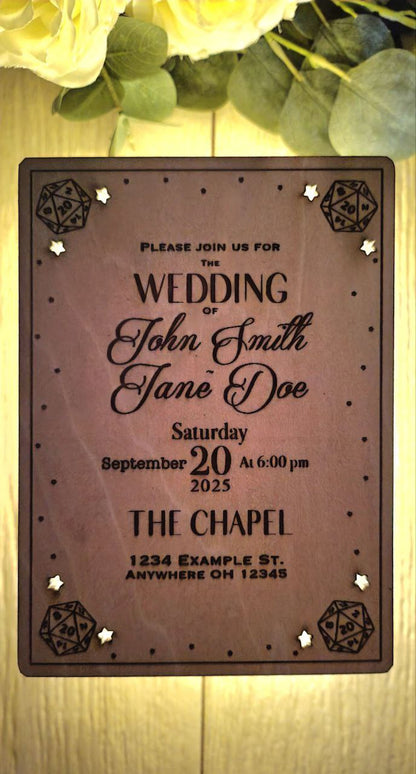 D20 Wooden Wedding Invitation • Rustic Fantasy Invite with Star Cutouts • Laser Engraved Wood • Nerdy DnD Wedding Favor •  RPG Stationery