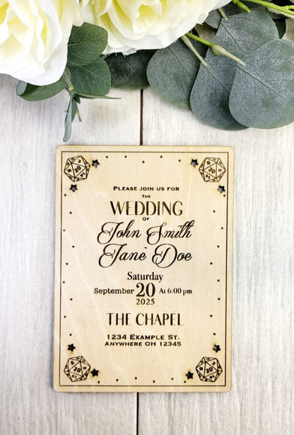 D20 Wooden Wedding Invitation • Rustic Fantasy Invite with Star Cutouts • Laser Engraved Wood • Nerdy DnD Wedding Favor •  RPG Stationery