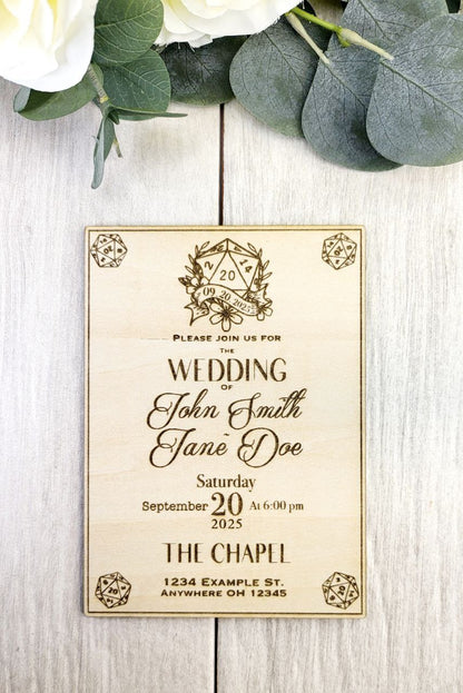 D20 Wooden Wedding Invitation • Laser Engraved Dice Wedding Invite • Custom RPG Tabletop Stationery