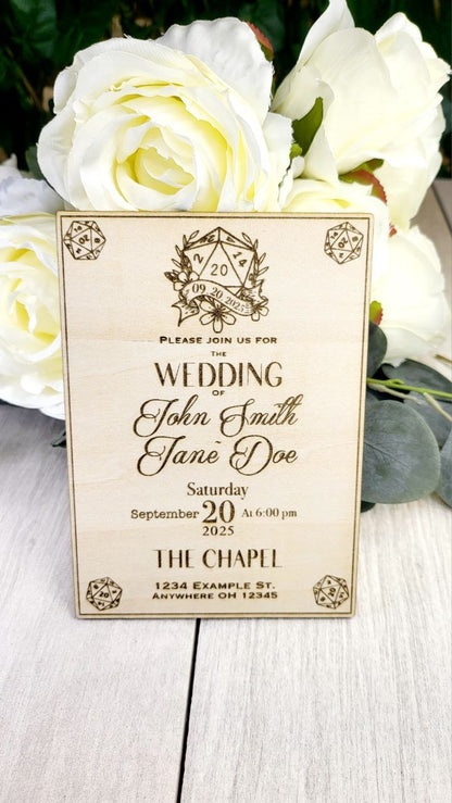 D20 Wooden Wedding Invitation • Laser Engraved Dice Wedding Invite • Custom RPG Tabletop Stationery