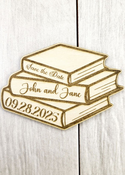 Book Stack Save the Date Magnet • Fantasy Wedding Magnet • Nerdy Book Themed Wedding • Custom Wood Magnet for Harry Potter or Literary Fans