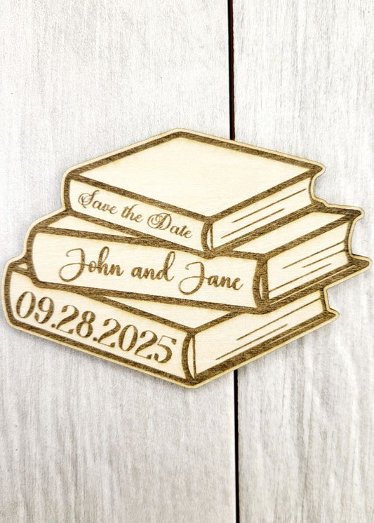 Book Stack Save the Date Magnet • Fantasy Wedding Magnet • Nerdy Book Themed Wedding • Custom Wood Magnet for Harry Potter or Literary Fans