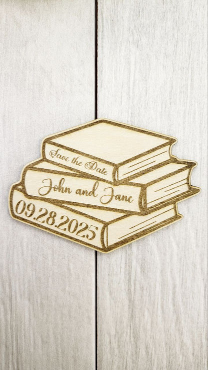 Book Stack Save the Date Magnet • Fantasy Wedding Magnet • Nerdy Book Themed Wedding • Custom Wood Magnet for Harry Potter or Literary Fans