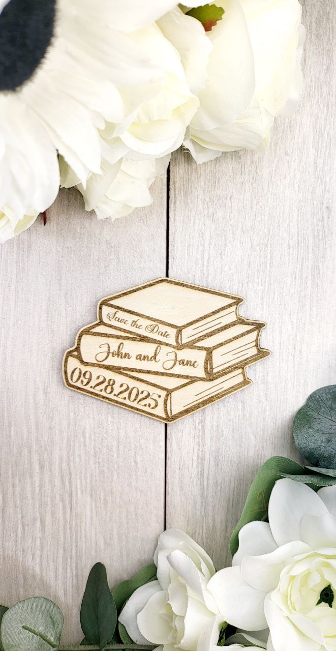 Book Stack Save the Date Magnet • Fantasy Wedding Magnet • Nerdy Book Themed Wedding • Custom Wood Magnet for Harry Potter or Literary Fans