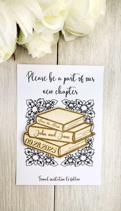 Book Stack Save the Date Magnet • Fantasy Wedding Magnet • Nerdy Book Themed Wedding • Custom Wood Magnet for Harry Potter or Literary Fans