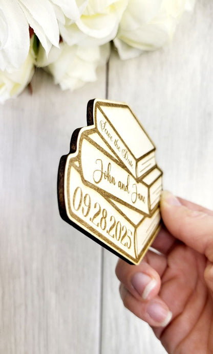 Book Stack Save the Date Magnet • Fantasy Wedding Magnet • Nerdy Book Themed Wedding • Custom Wood Magnet for Harry Potter or Literary Fans