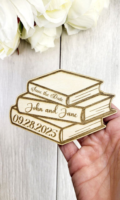 Book Stack Save the Date Magnet • Fantasy Wedding Magnet • Nerdy Book Themed Wedding • Custom Wood Magnet for Harry Potter or Literary Fans