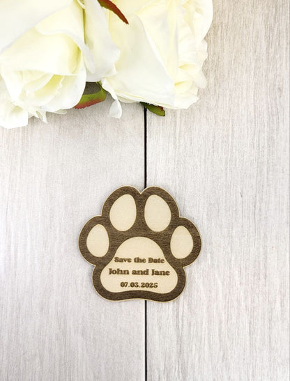 Pet Wedding Save the Date Magnet • Cat Paw Wedding Invitation • Custom Wood Magnet for Animal Lovers