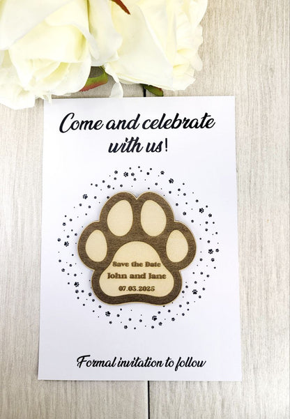Pet Wedding Save the Date Magnet • Cat Paw Wedding Invitation • Custom Wood Magnet for Animal Lovers