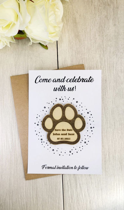 Pet Wedding Save the Date Magnet • Cat Paw Wedding Invitation • Custom Wood Magnet for Animal Lovers