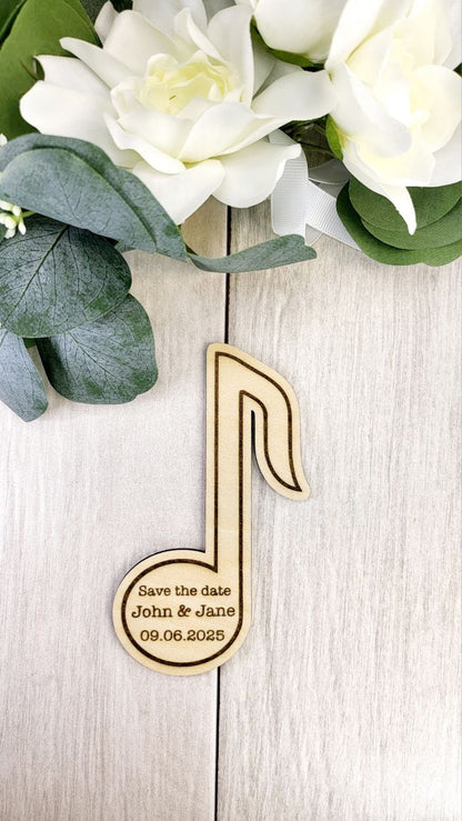 Music Note Save the Date Magnet • Band & Musician Wedding Favor • Personalized Wooden Magnet with Card