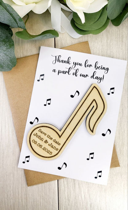 Music Note Save the Date Magnet • Band & Musician Wedding Favor • Personalized Wooden Magnet with Card